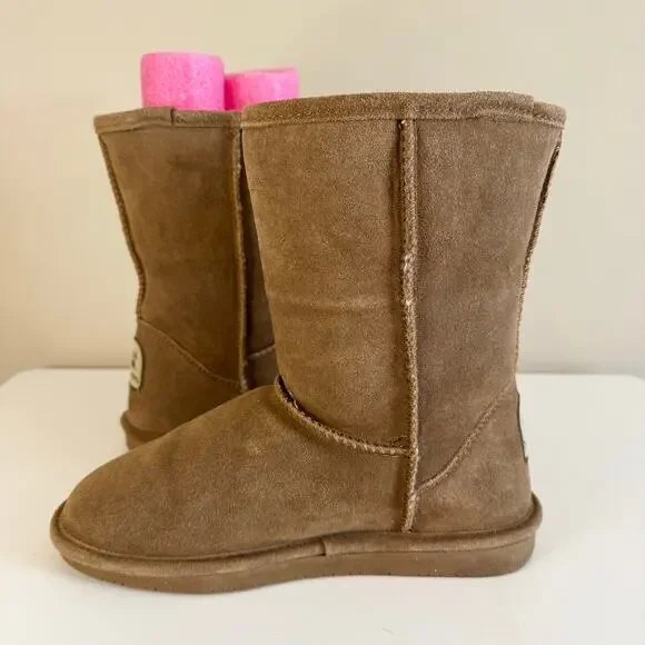BearPaw Emma Short Boots Women 8 Brown Suede Sheepskin Wool Lined Pull On Winter - Picture 9 of 13